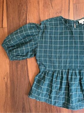 A New Day green checkered top puff sleeves cottagecore flowy spring S cotton
